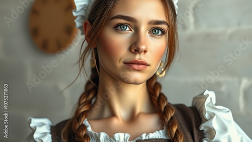 A woman with long braided hair and a white collar looks directly at the camera