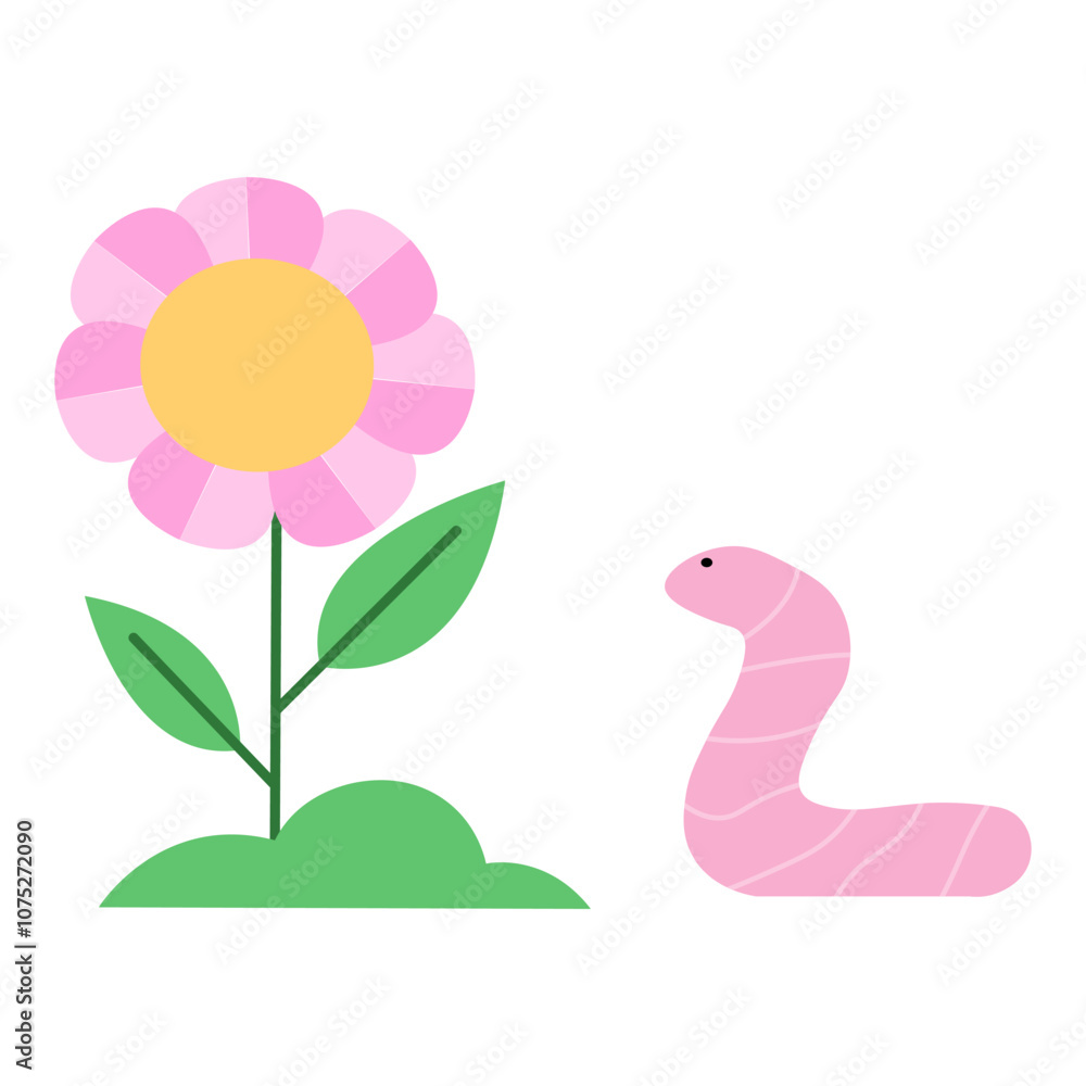 Fototapeta premium A cute, animated pink worm and a vibrant pink flower in a simple garden setting
