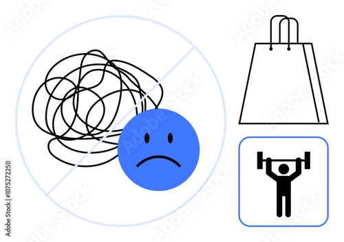 Tangled lines with sad face and prohibited sign, shopping bag, and person lifting weights. Ideal for mental health, problem-solving, consumer behavior, wellness, stress management, lifestyle changes