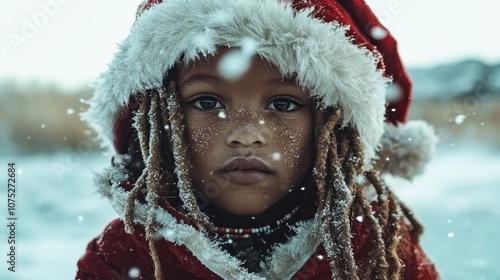 A young child in a festive red coat stands in the snow, their eyelashes dusted with snowflakes. The image evokes warmth and wonder in a winter wonderland. photo