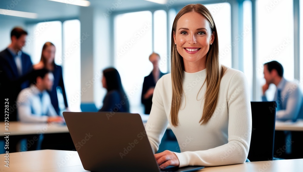 Beautiful business lady is looking at camera and smiling while working in office, with blurred colleagues in the background discussing documents and ideas at meeting Beautiful business lady is looking at camera and smiling while working in office, with blurred colleagues in the background discussing documents and ideas at meeting