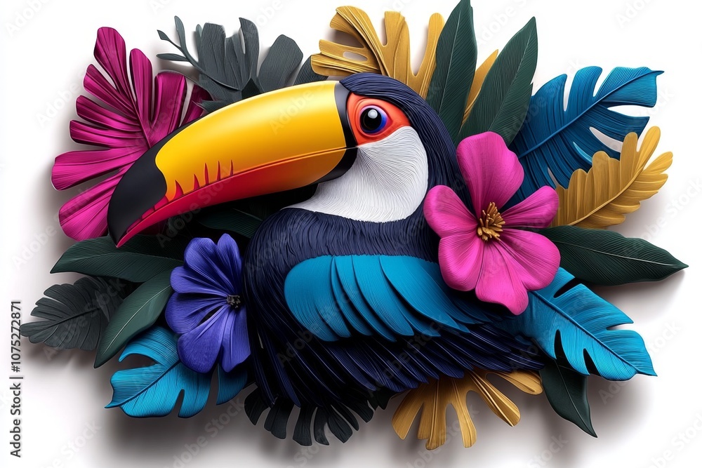 Naklejka premium A toucan with a colorful beak perched on a branch, with dense jungle leaves behind it