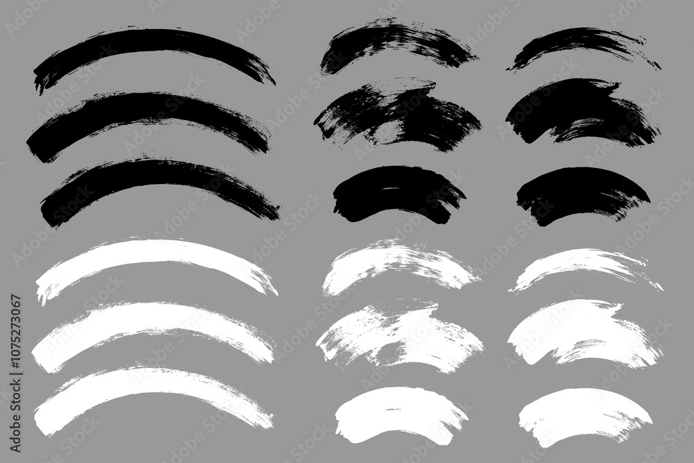 Brush stroke vector. Painted curves, arc lines, isolated. Grunge curvy backgrounds. Textured design elements. Black and white brush options Brush stroke vector. Painted curves, arc lines, isolated. Grunge curvy backgrounds. Textured design elements. Black and white brush options
