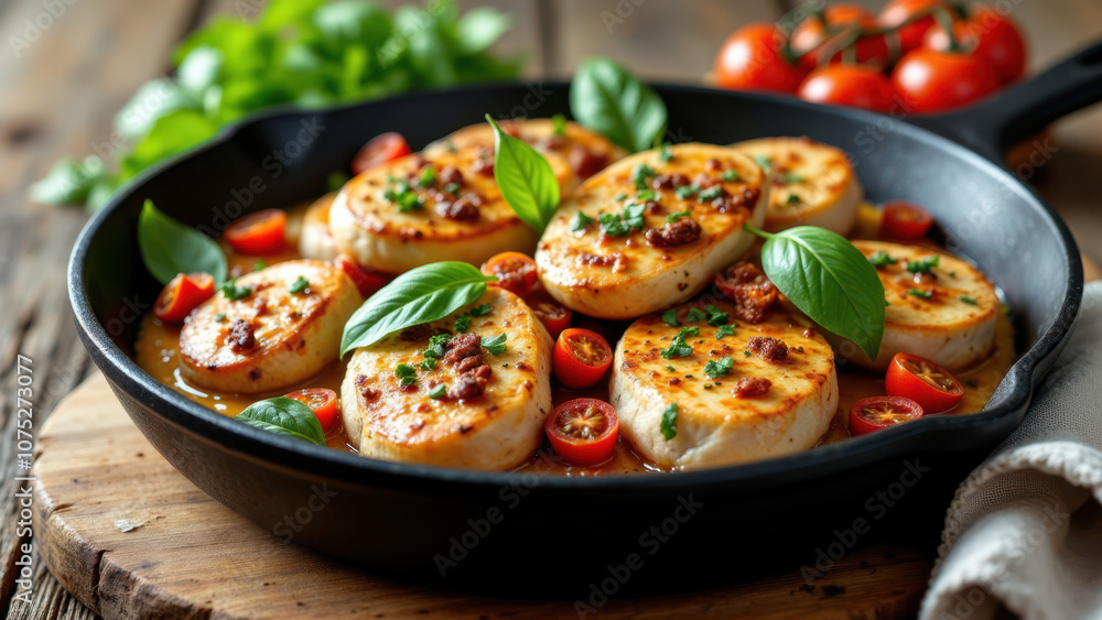 Marry Me Chicken with herbs and vegetables sizzling in a skillet. Marry Me Chicken with herbs and vegetables sizzling in a skillet.