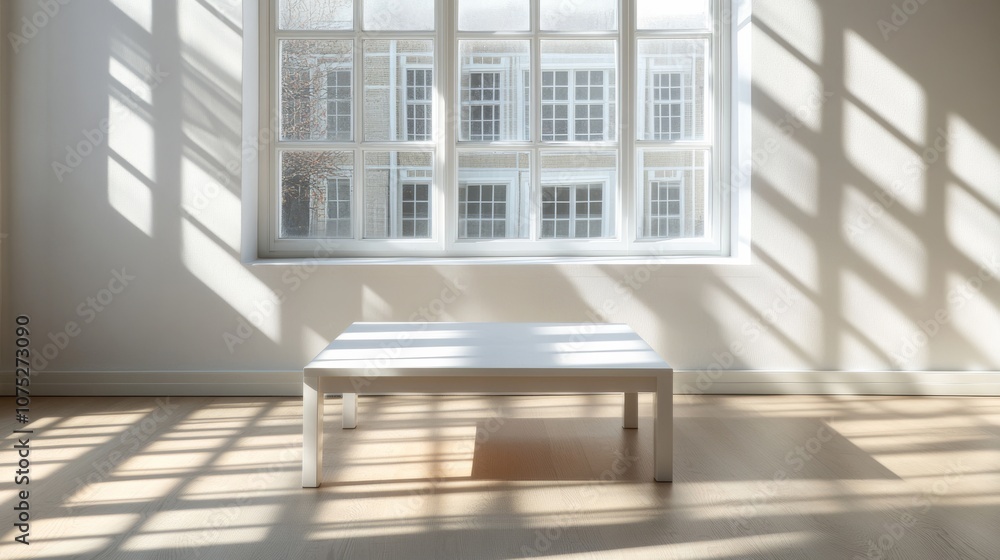 Fototapeta premium A solitary white table basks in sunlight by a large window, exhibiting a peaceful, minimalistic charm.