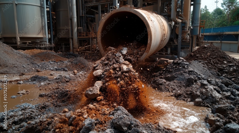 A scene depicting an industrial spill with rocks and debris pouring out onto the muddy ground. Captures the gritty and raw elements of industrial manufacturing. A scene depicting an industrial spill with rocks and debris pouring out onto the muddy ground. Captures the gritty and raw elements of industrial manufacturing.