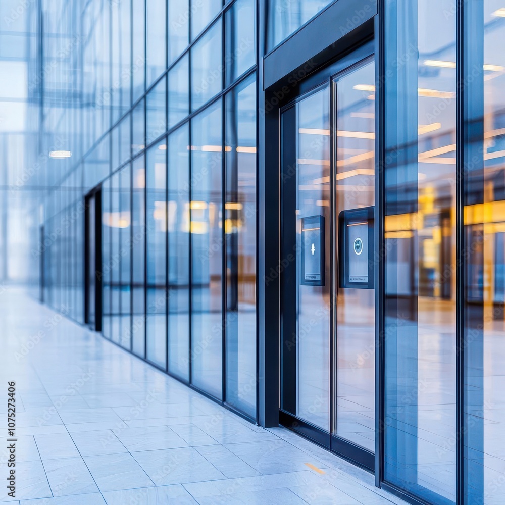 A futuristic office building with biometric security, featuring facial recognition for staff entry A futuristic office building with biometric security, featuring facial recognition for staff entry