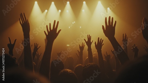 Hands raised in unison at a concert, bathed in golden light, capturing the energy and collective joy of the live music experience.