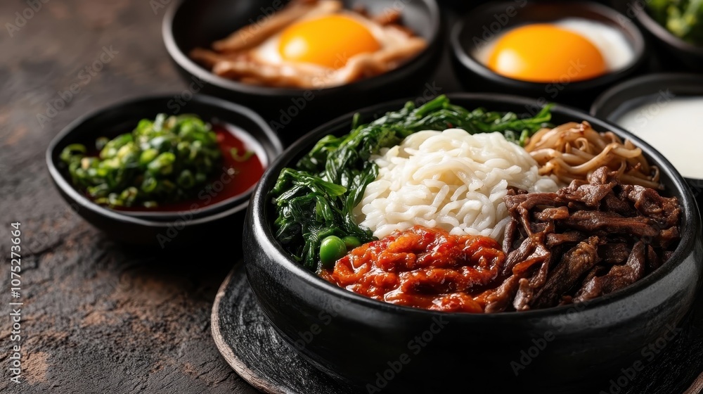 A beautifully arranged Korean meal featuring noodles, vegetables, egg, and savory sauces, showcasing the rich culinary tradition and vibrant ingredients of Korea. A beautifully arranged Korean meal featuring noodles, vegetables, egg, and savory sauces, showcasing the rich culinary tradition and vibrant ingredients of Korea.