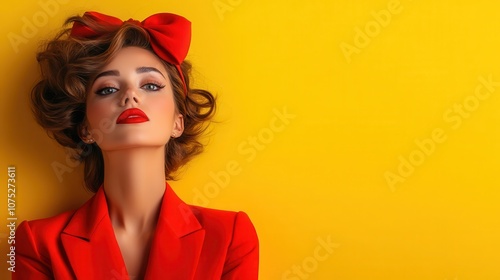 Stylish woman in retro fashion poses with bold red lipstick and a large bow on vibrant yellow background, capturing timeless elegance and confidence.