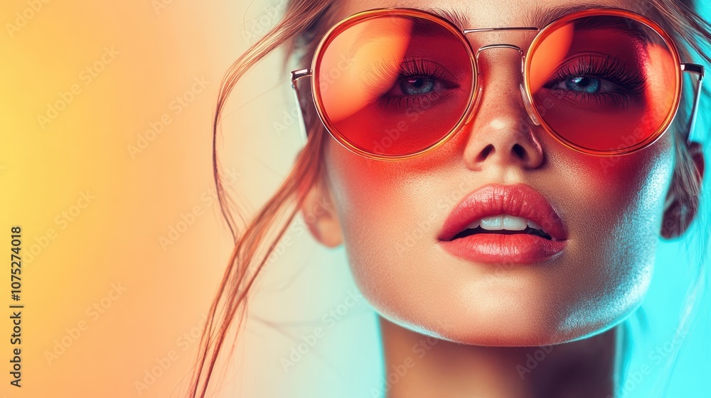 A close-up portrait of a woman with chic orange sunglasses, flawless radiant skin, and artistic orange makeup against a softly gradient background. A close-up portrait of a woman with chic orange sunglasses, flawless radiant skin, and artistic orange makeup against a softly gradient background.