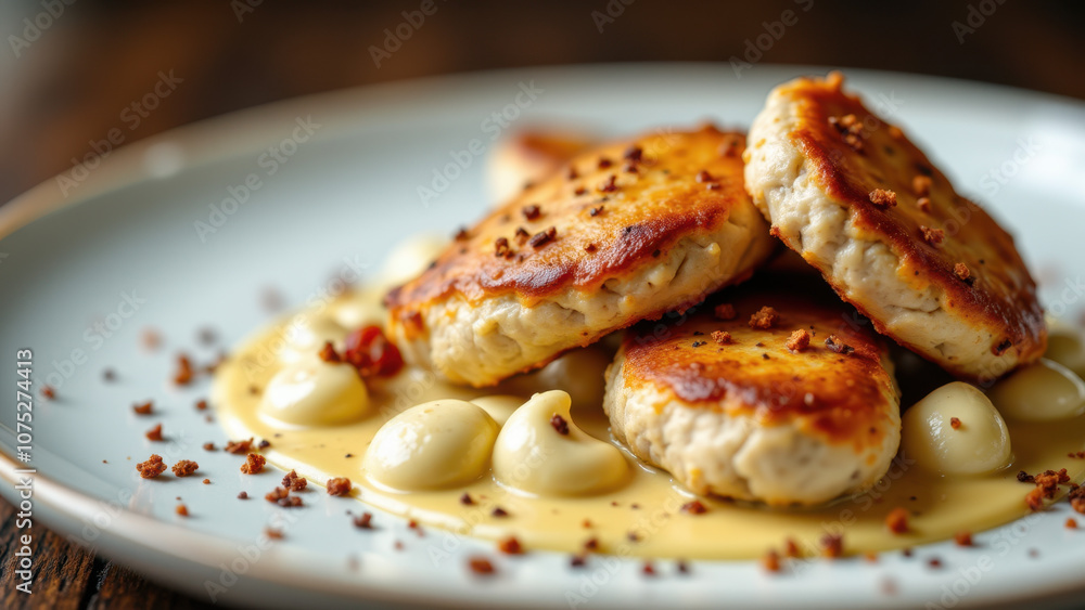 Crispy breaded chicken breasts with creamy sauce on a plate. Crispy breaded chicken breasts with creamy sauce on a plate.