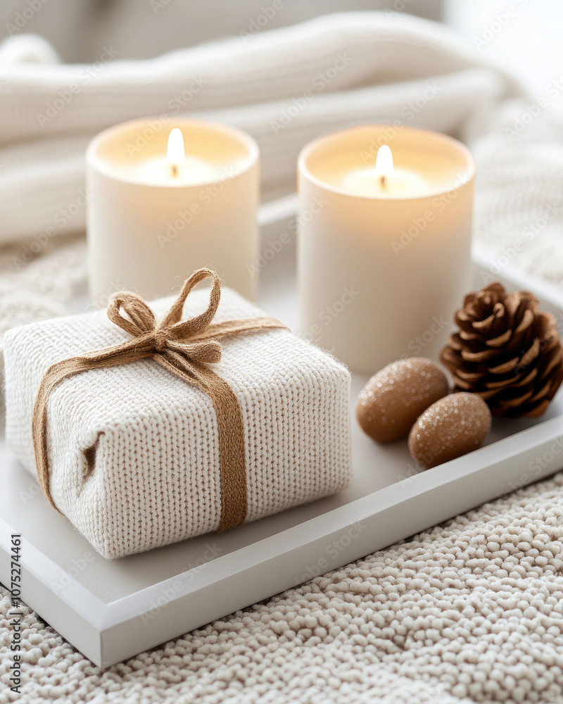 Cozy home setting with candles, a gift, and natural decor elements creating warmth. Cozy home setting with candles, a gift, and natural decor elements creating warmth.
