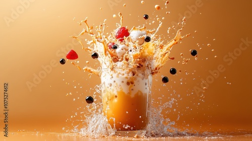 This striking image portrays bubble tea splashing with added fruits, capturing an explosion of vitality and color, perfectly representing a refreshing summer treat. photo