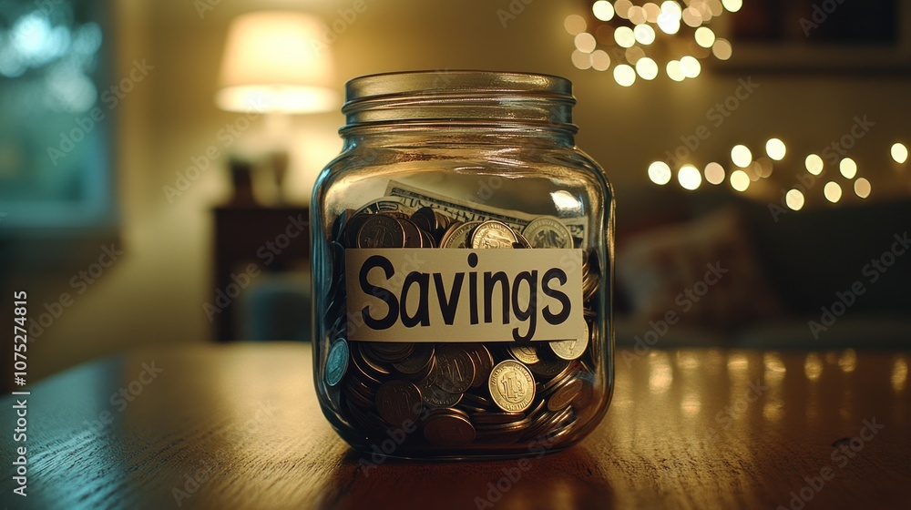 A glass jar filled with coins and a dollar bill on a table with a label reading A glass jar filled with coins and a dollar bill on a table with a label reading