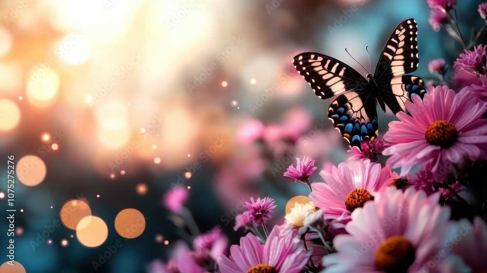 A single butterfly rests delicately on pink blooms, surrounded by a lively bokeh background, evoking a sense of delicate beauty and peaceful contemplation in nature. A single butterfly rests delicately on pink blooms, surrounded by a lively bokeh background, evoking a sense of delicate beauty and peaceful contemplation in nature.