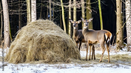 Deer standing near haystack in snowy winter forest photo