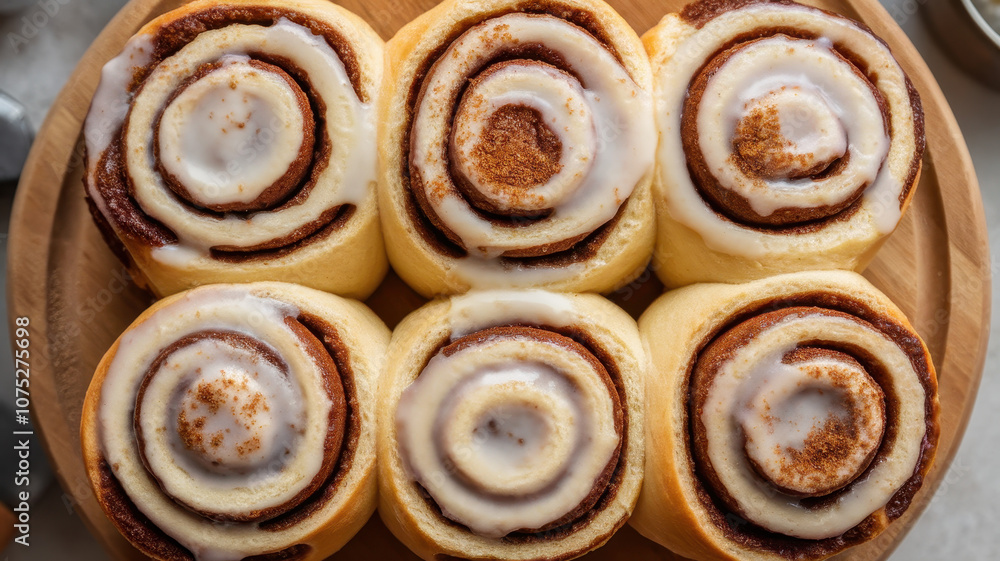 Freshly baked cinnamon rolls with creamy icing, arranged beautifully on a wooden serving board. Freshly baked cinnamon rolls with creamy icing, arranged beautifully on a wooden serving board.