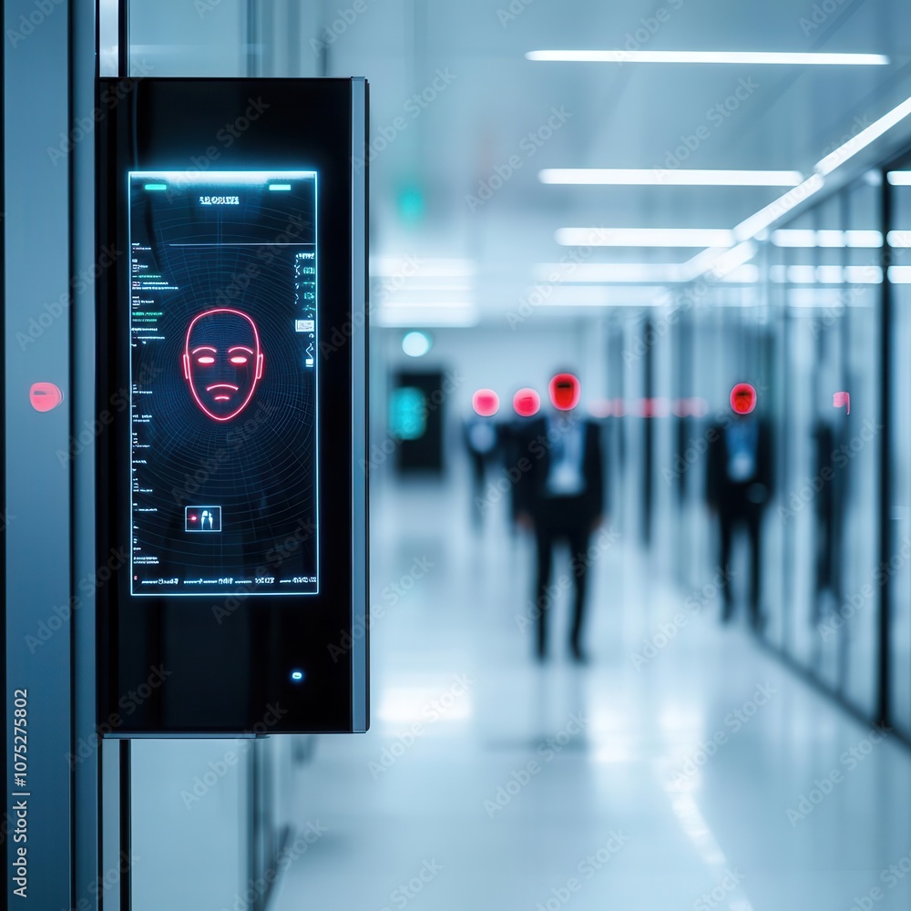 A futuristic office with facial recognition technology integrated into the access control system A futuristic office with facial recognition technology integrated into the access control system