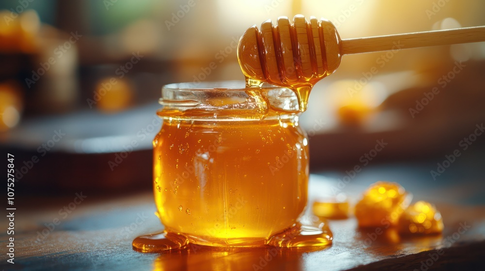 Golden honey dripping from a wooden dipper into a glass jar. Golden honey dripping from a wooden dipper into a glass jar.