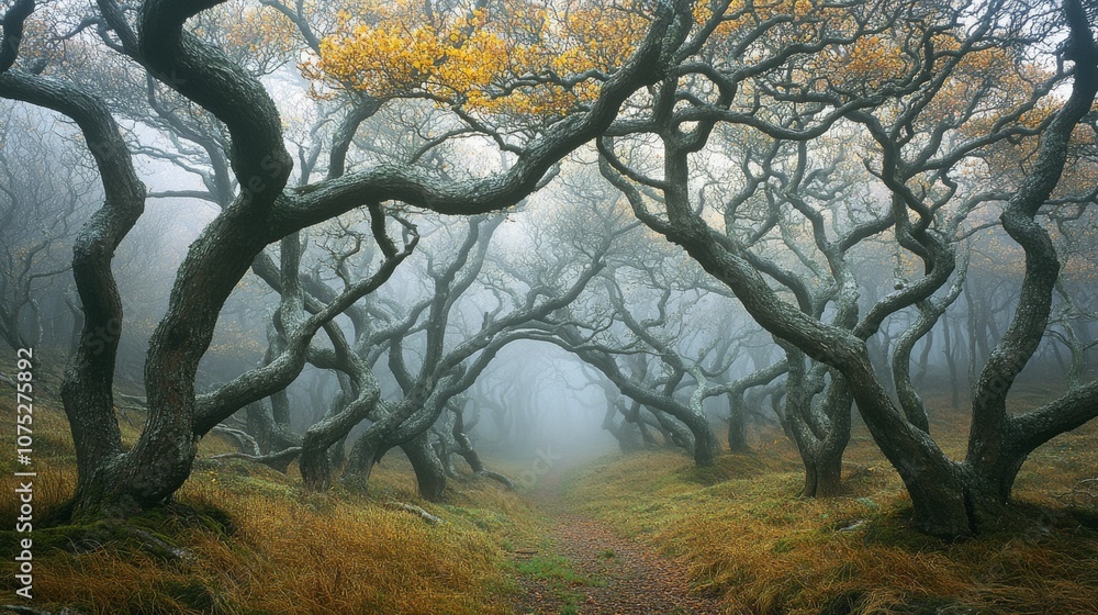 Twisted trees form an eerie canopy in the misty woods, creating an enchanting yet haunting path draped in autumnal hues. Twisted trees form an eerie canopy in the misty woods, creating an enchanting yet haunting path draped in autumnal hues.
