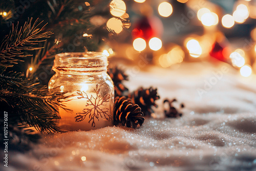 christmas decoration with candle and snow photo