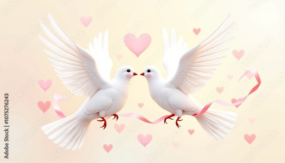 Obraz premium Two white doves kissing with floating hearts and ribbons 