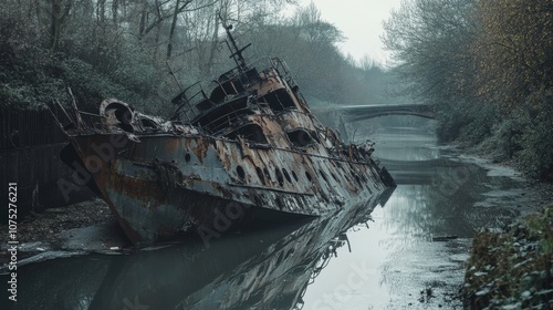 An abandoned, rusted ship leans quietly in a foggy canal, shrouded in mystery and history. photo