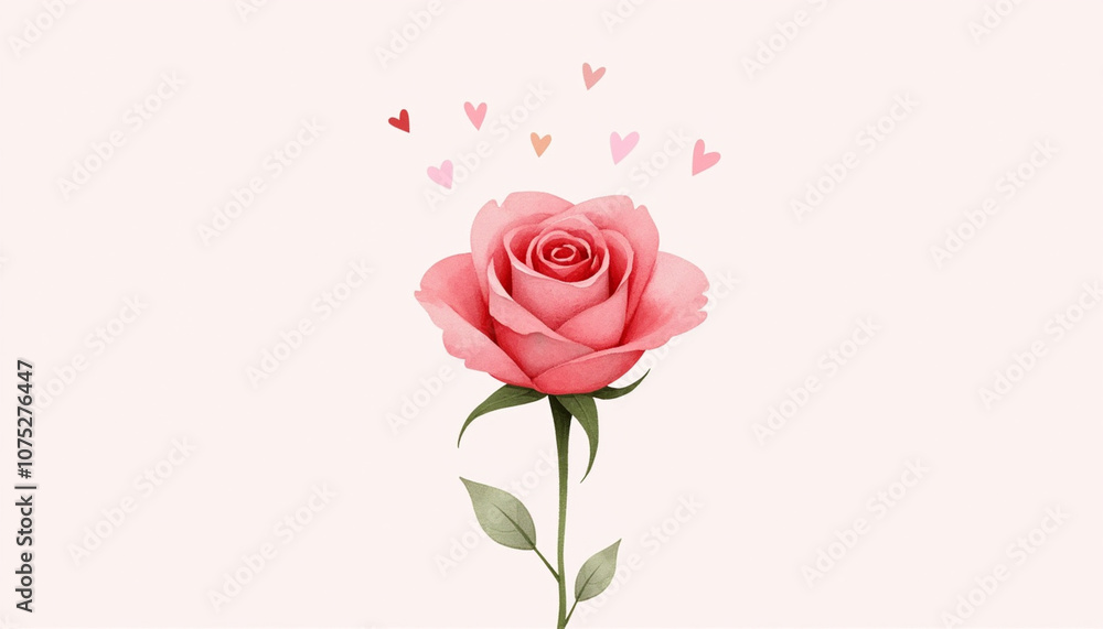 Pink rose with floating hearts on a light background
Pink rose with floating hearts on a light background