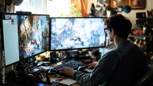 A young man is immersed in a thrilling virtual world, displayed on dual monitors, in a cozy gaming setup.