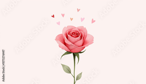 Pink rose with floating hearts on a light background
