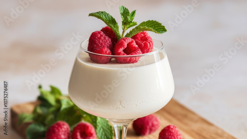 A delicious dessert featuring velvety panna cotta topped with fresh raspberries and a sprig of mint, served in an elegant glass.