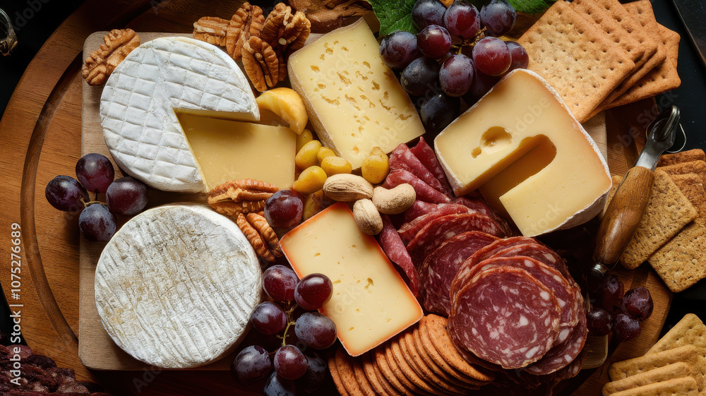 A beautifully arranged charcuterie board featuring various cheeses, meats, nuts, and fruits, perfect for a gathering or special occasion. A beautifully arranged charcuterie board featuring various cheeses, meats, nuts, and fruits, perfect for a gathering or special occasion.