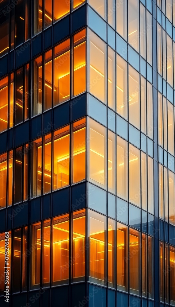 Modern Office Building Exterior, Illuminated Windows at Dusk, Reflecting Urban Skyline. Modern Office Building Exterior, Illuminated Windows at Dusk, Reflecting Urban Skyline.