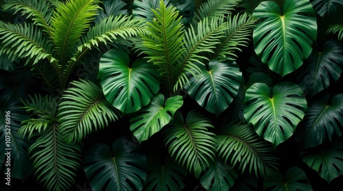 Wallpaper Mural Lush Green Tropical Plant Bush with Monstera Palm Rubber Plant Pine and Fern Leaves Torontodigital.ca