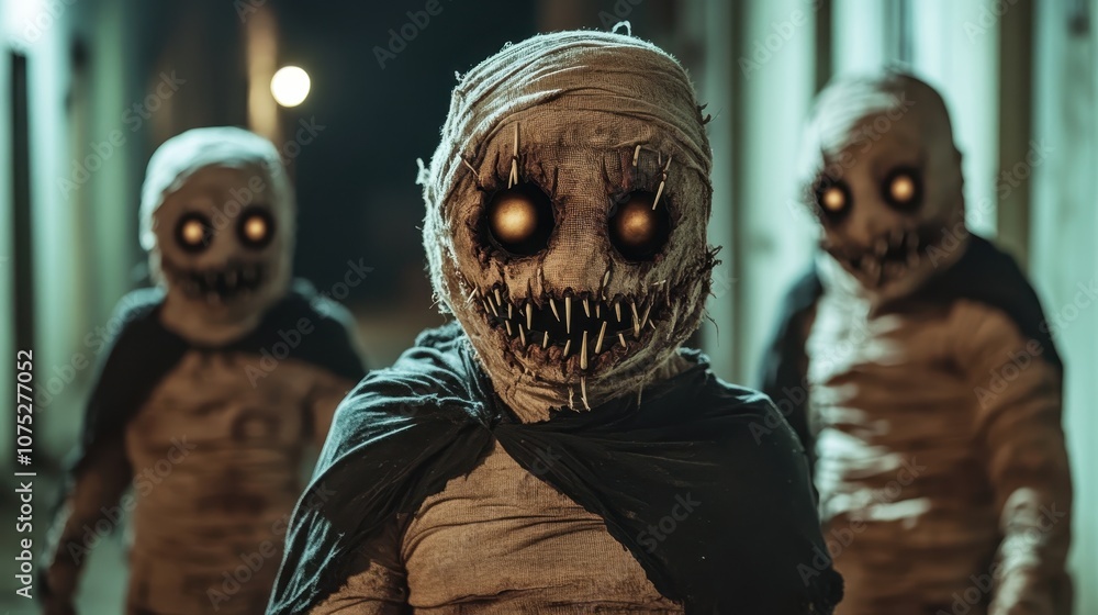 Three mummy-like creatures with glowing eyes and sinister grins walk menacingly down a dimly lit alley, creating a chilling atmosphere of danger and fear. Three mummy-like creatures with glowing eyes and sinister grins walk menacingly down a dimly lit alley, creating a chilling atmosphere of danger and fear.