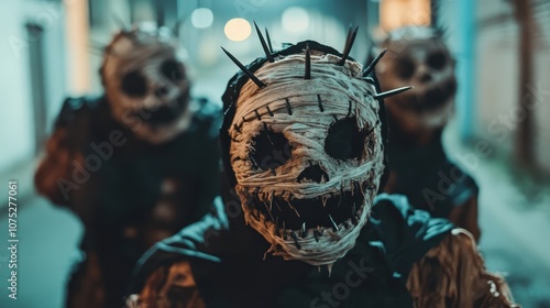 A haunting scene of mummies with spiked headbands and broad grins looming in a dark, narrow alley at night, creating an eerie sense of looming danger.