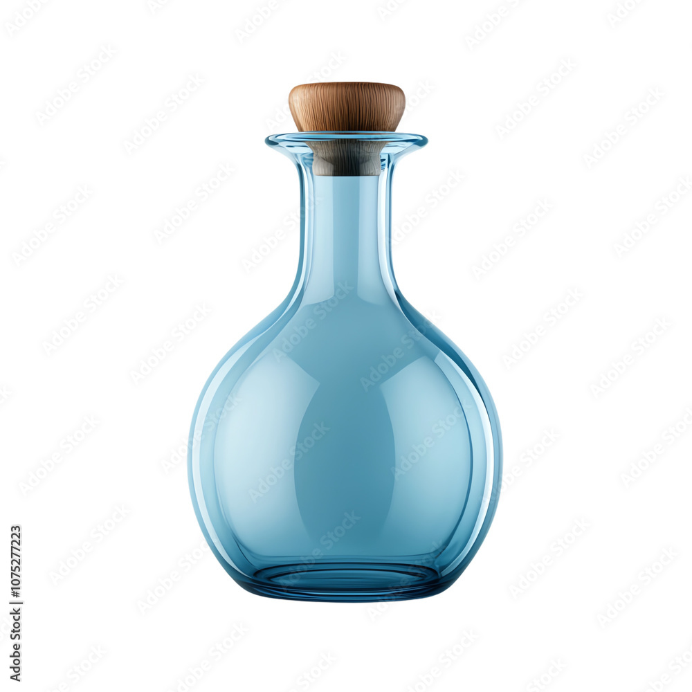 Elegant blue glass bottle with wooden stopper, perfect for showcasing beverages or decoration. transparent background Elegant blue glass bottle with wooden stopper, perfect for showcasing beverages or decoration. transparent background