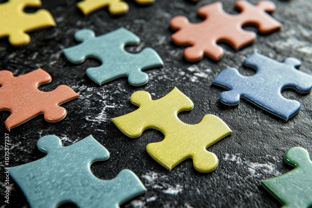 A close-up of colorful jigsaw puzzle pieces scattered on a textured surface. A close-up of colorful jigsaw puzzle pieces scattered on a textured surface.