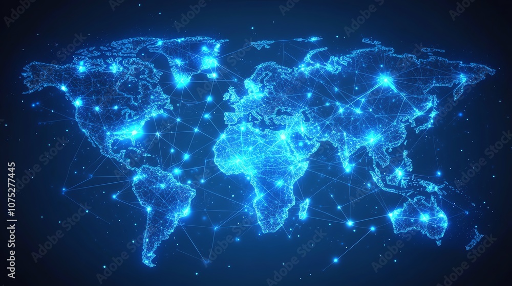 Abstract world map with glowing lines and points, representing global connections. Abstract world map with glowing lines and points, representing global connections.