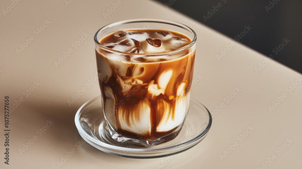 A close-up of a refreshing iced coffee drink with swirling milk, served in a clear glass on a light beige table. A close-up of a refreshing iced coffee drink with swirling milk, served in a clear glass on a light beige table.