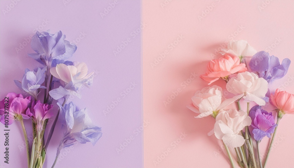 Fototapeta premium Delicate pastel flowers arranged on a purple and pink background.