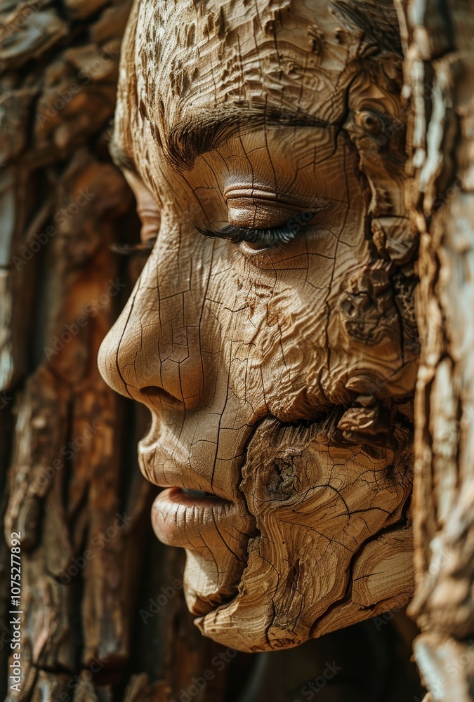 Close-up portrait blending human face with cracked wooden texture, showcasing artistry in earth tones and wood-like textures. Close-up portrait blending human face with cracked wooden texture, showcasing artistry in earth tones and wood-like textures.