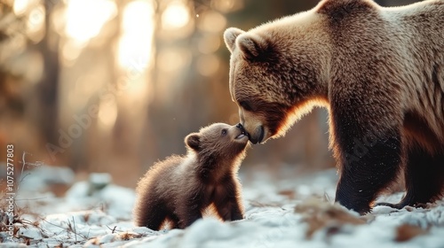 A tender moment in the snowy woods between a mother bear and her cub as they touch noses, symbolizing the strong bond and affection between them. photo