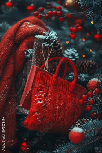 A knitted red bag and wrapped gifts amidst red berries on a Christmas tree, creating a warm and festive ambiance. photo