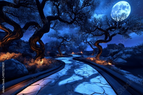 Gothic-inspired journey through an eerie forest with twisted trees, moonlight casting shadows on the path