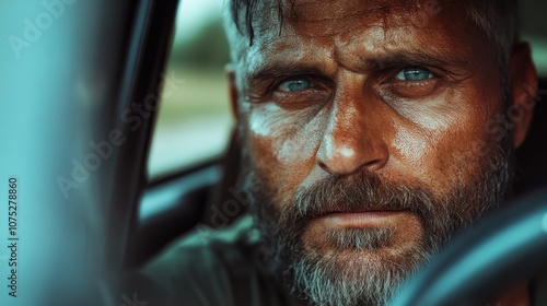 A ruggedly handsome man peers through a car window with an intense, contemplative stare, capturing a moment of personal reflection and raw emotion. photo