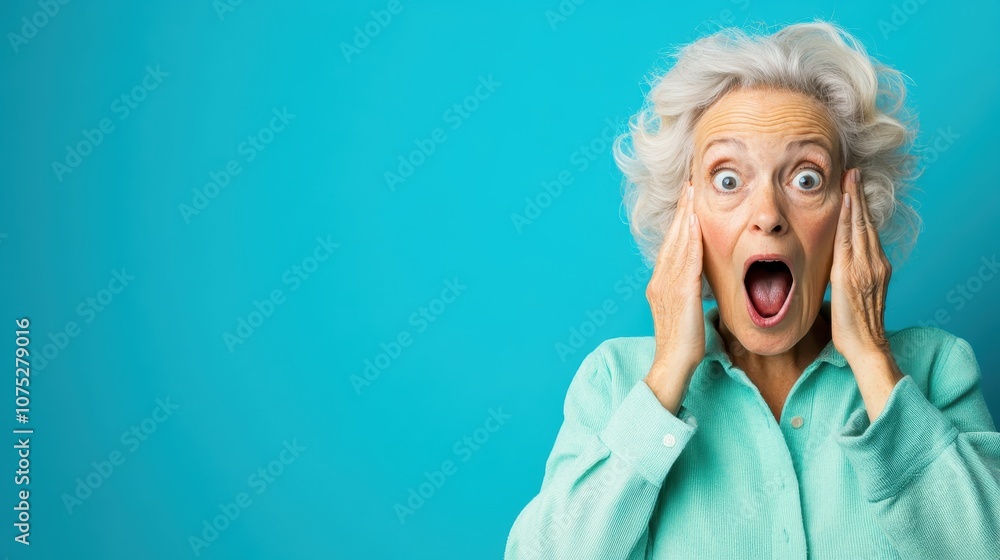 An older woman expresses joyful surprise, wide-eyed with open mouth, hands on cheeks, framed against a rich blue backdrop, radiating energy and playfulness. An older woman expresses joyful surprise, wide-eyed with open mouth, hands on cheeks, framed against a rich blue backdrop, radiating energy and playfulness.