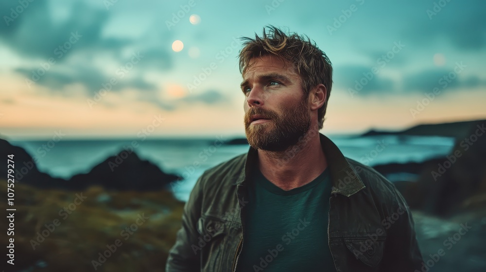 A man stands thoughtfully by a scenic coastal landscape during sunset, reflecting on the beauty and depth of nature, bathed in warm, tranquil hues. A man stands thoughtfully by a scenic coastal landscape during sunset, reflecting on the beauty and depth of nature, bathed in warm, tranquil hues.