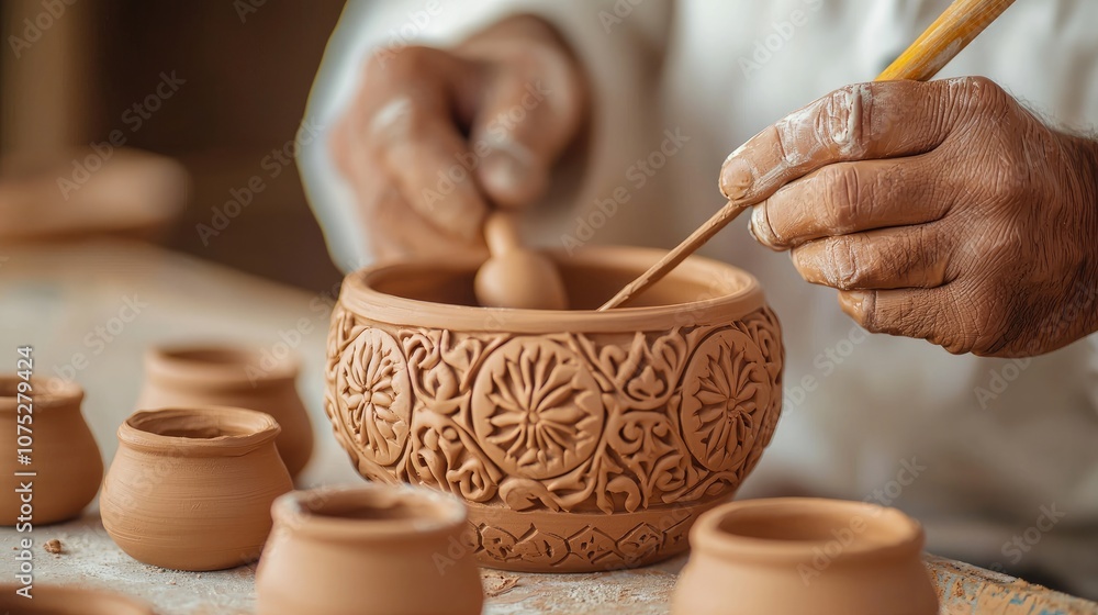 Skilled Artisan Sculpting Intricate Designs on Clay Pottery Using Traditional Techniques in an Artisan Studio Full of Handcrafted Ceramics Skilled Artisan Sculpting Intricate Designs on Clay Pottery Using Traditional Techniques in an Artisan Studio Full of Handcrafted Ceramics